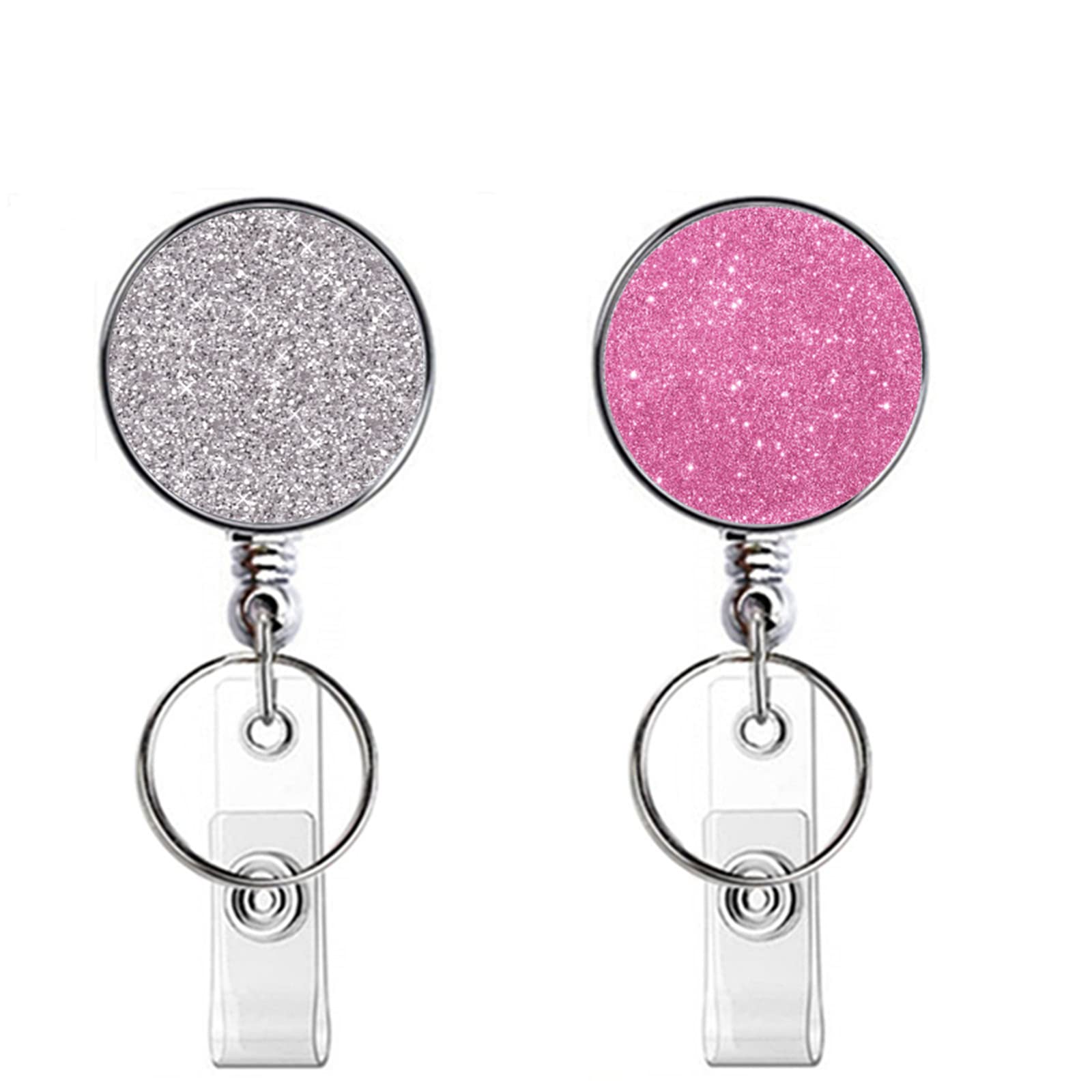 Retractable Badge Holder, Lightweight Plastic Badge Reel Retractable Card Holder with Key Ring Backing Belt Clip for Nurse,Volunteer,Teacher,Student,Office (Glitter Pink Silver 2pack-UK) — image 1