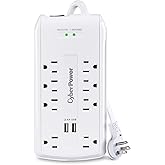 CyberPower CSP806U Professional Surge Protector, 3000J/125V, 15A, 8 Outlets, 2 USB Charging Ports, 6 Foot Cord, White, UL Lis