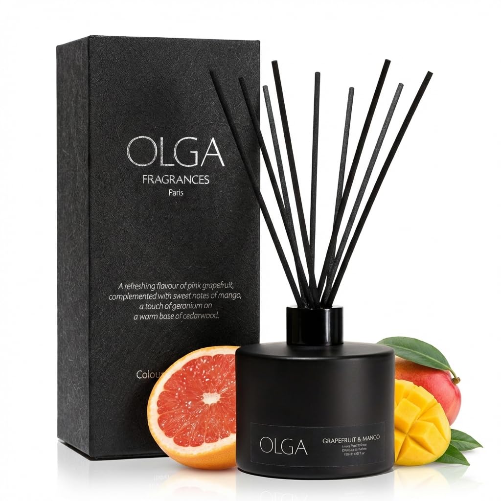 OLGA Reed Diffuser - 180ml Grapefruit & Mango Reed Diffusers for Home with 8 Premium Diffuser Sticks - Large Room Strong Fragrance Aromatherapy Gift Set - Up to 90 Days
