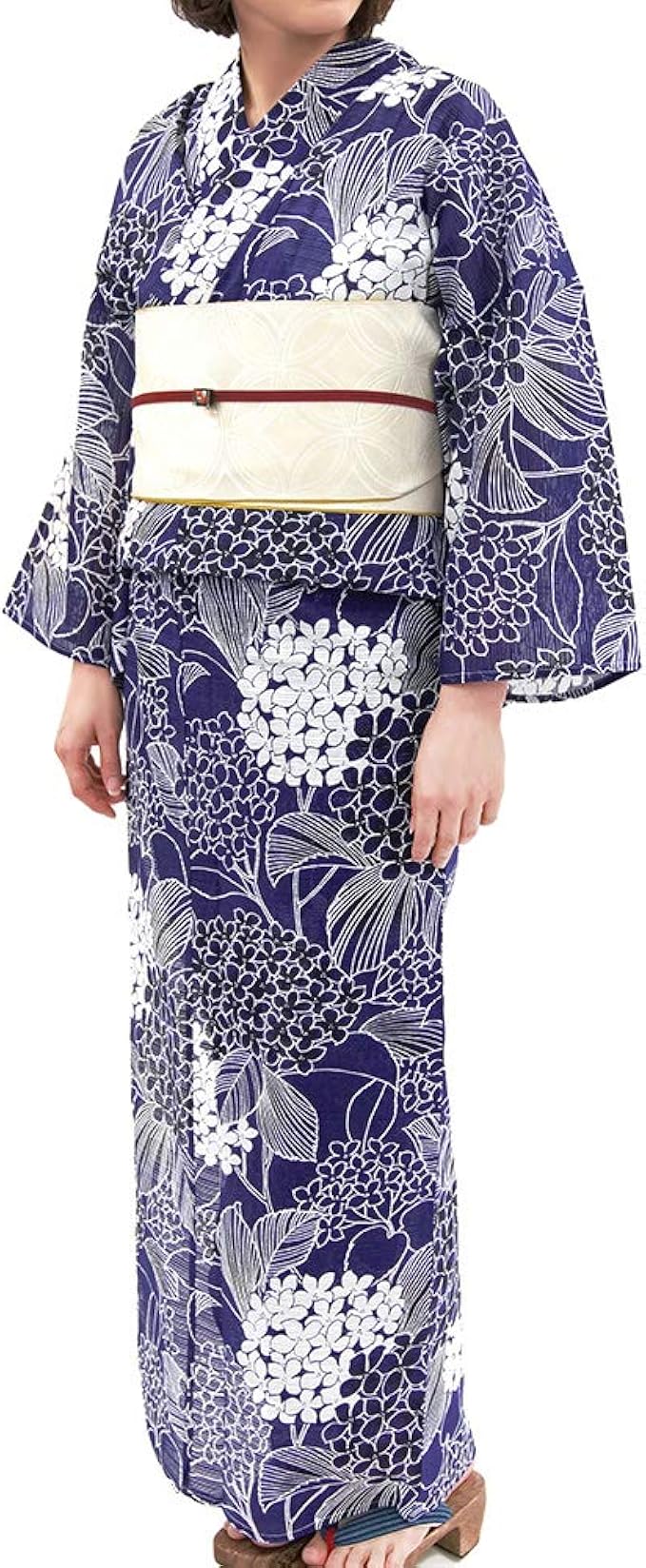 Amazon でぃあじゃぱん 綿絽浴衣 2点セット 紫陽花 紺 藍 ネイビー 白 花 あじさい 半幅帯 浴衣 通販
