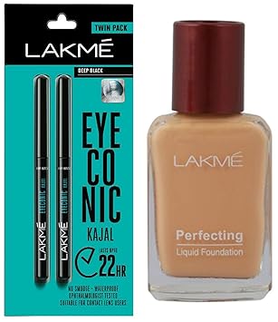 Lakme Eyeconic Kajal Twin Pack, Black, 0.35g with 0.35g & Lakme Perfecting Liquid Foundation, Marble, 27ml
