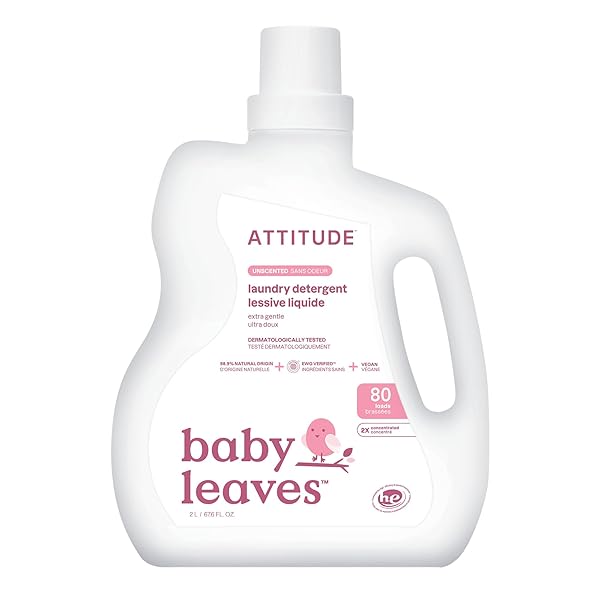 ATTITUDE BABY LAUNDRY DETERGENT LIQUID, EWG VERIFIED, SAFE FOR BABY CLOTHES, INFANT AND NEWBORN, VEGAN AND NATURALLY DERIVED WASHING SOAP, HE COMPATIBLE, UNSCENTED, 80 LOADS, 67.6 FL OZ