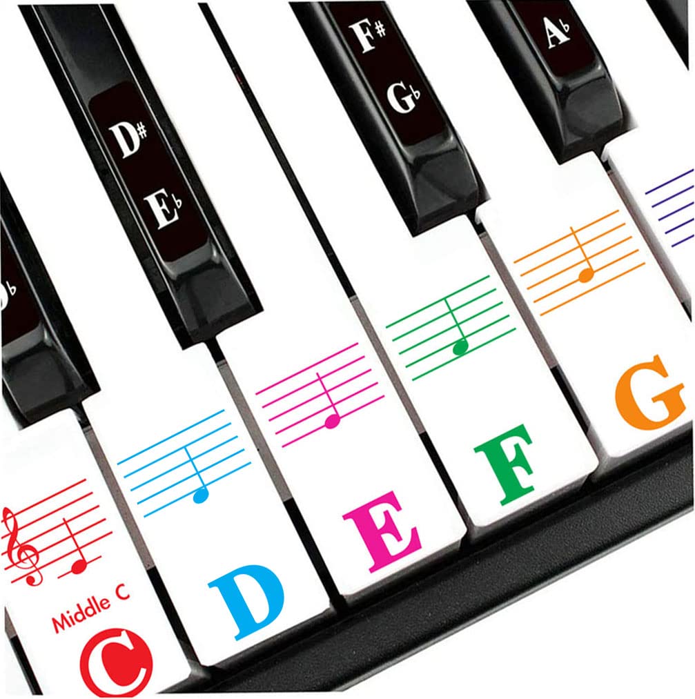 Piano Stickers for 88/61/64/49/37 Key, Piano Keyboard Stickers Full Set for White and Black Keys, Colors Bigger Letter-Thinner Transparent Material-Easier Removable with Duster