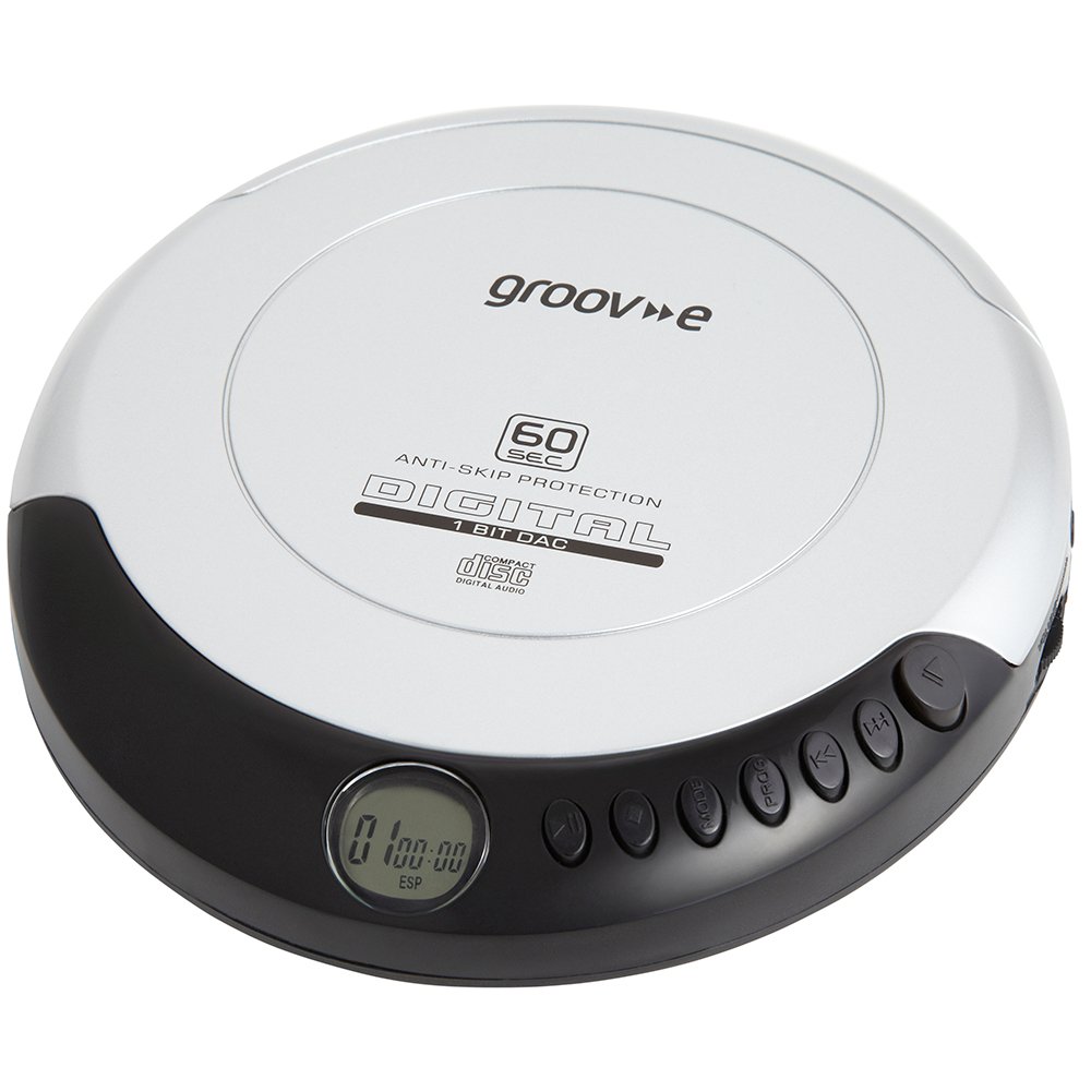 Groov-e RETRO Compact CD Player - Personal Music Player with CD-R & CD-RW Playback - Anti-Skip Protection, Programmable Tracks - Earphones Included - Micro-USB or Battery Powered - Silver