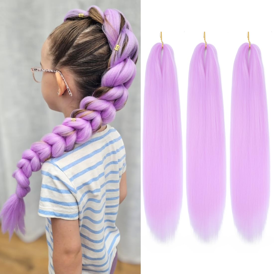 Purple Hair Extensions Pre Stretched Braiding Hair - 26 Inch Purple Hair For Braiding Hair Soft Yaki Texture 3 Packs Crochet Braids Hair Extensions for Black Women (Lavender Purple) — image 1