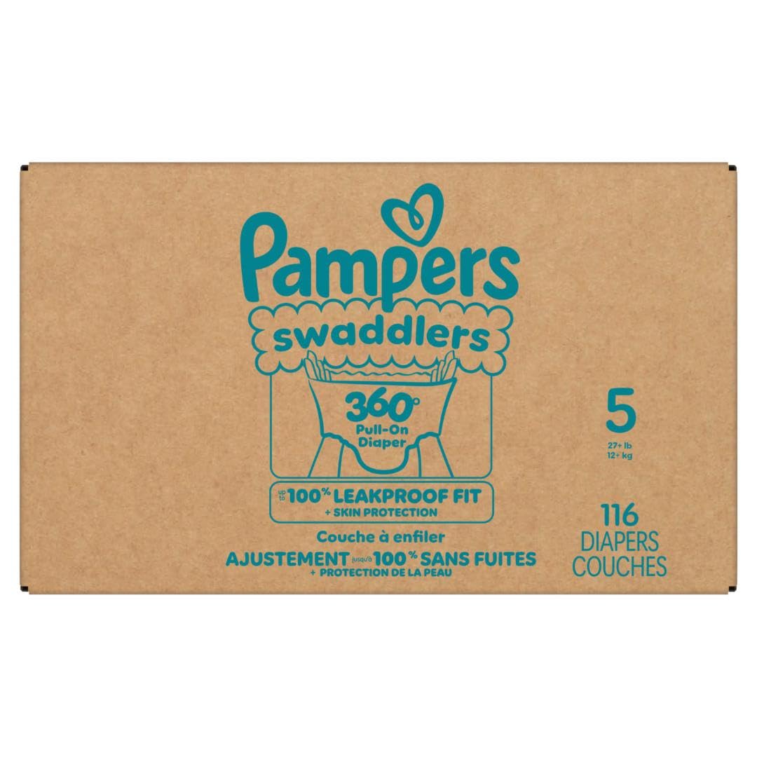 Pampers Diapers - Swaddlers 360° - Size 5, 116 Count, up to 100% Leakproof Comfy Dry Fit, Designed for Easy Changes, Pull On Baby Diaper (Packaging May Vary)