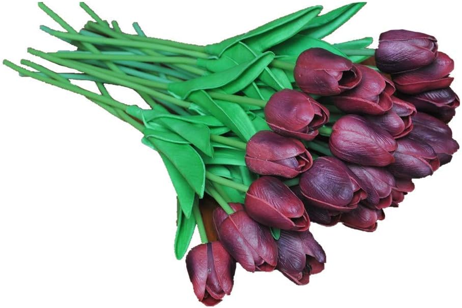 Homyu Artificial Tulips Single Stem PU Touched 10 Pcs Arrangement Bouquet with Glorious Moral for Home Office Wedding Parties (Wine Red)