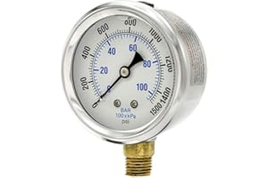 PIC Gauges PRO-201L-254N 0-1500 PSI Pressure Gauge, 2 1/2" Dial, 1/4" Male NPT Connection, Bottom Mount, Dual Scale, Glycerin Filled, Stainless Steel Case/Bezel, Brass Internals & Plastic Lens
