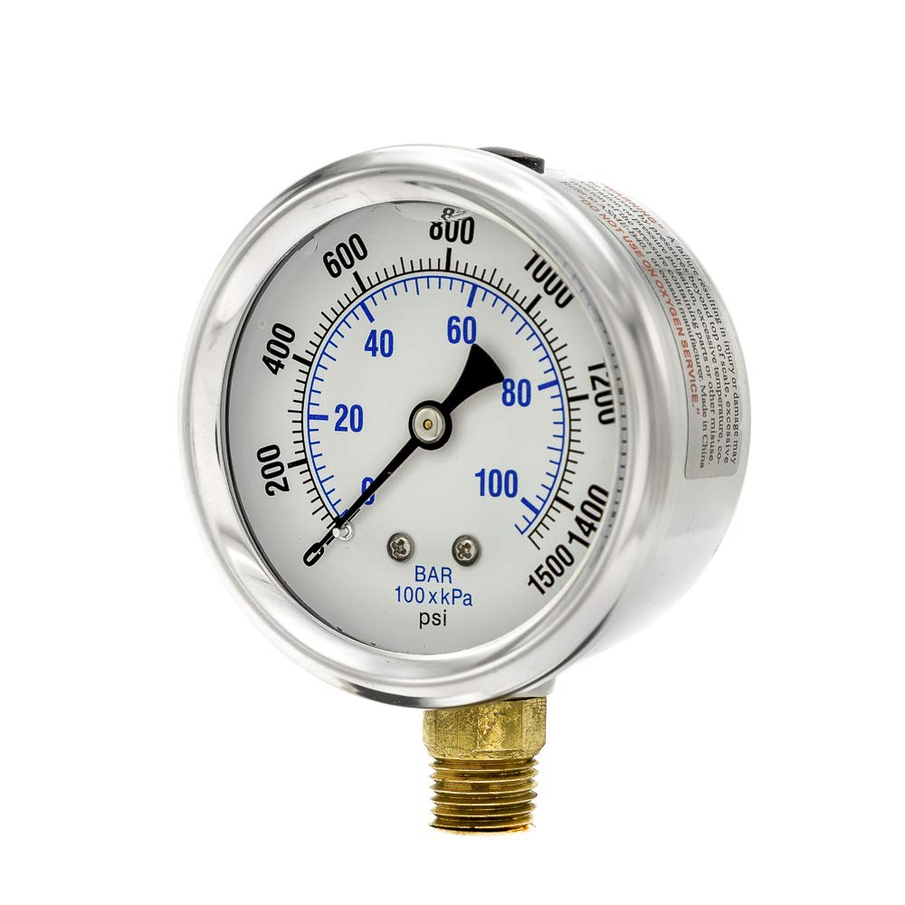 PIC Gauges PRO-201L-254N 0-1500 PSI Pressure Gauge, 2 1/2" Dial, 1/4" Male NPT Connection, Bottom Mount, Dual Scale, Glycerin Filled, Stainless Steel Case/Bezel, Brass Internals & Plastic Lens