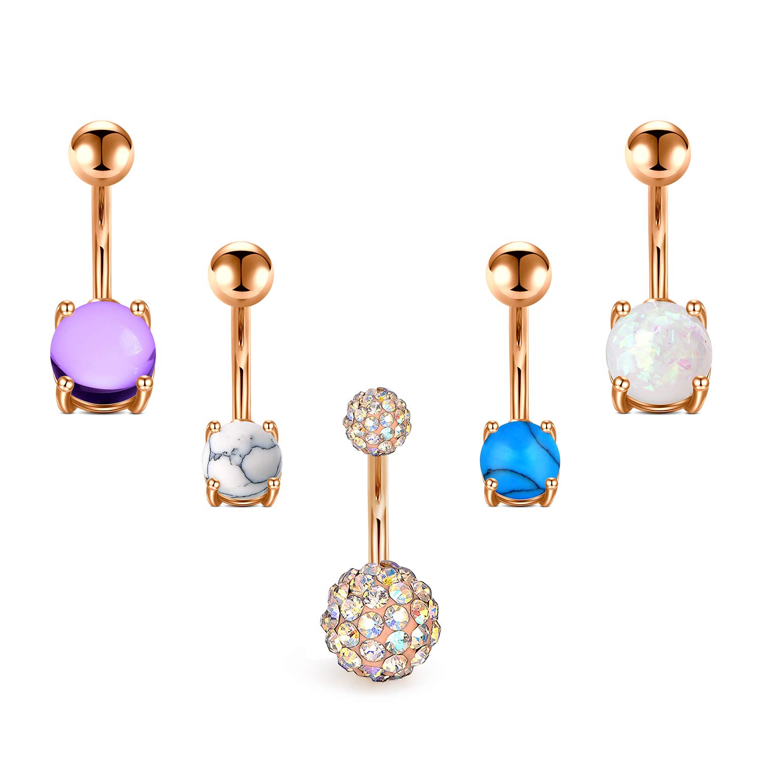 Funseedrr 3-5pcs Belly Bars Navel Rings Surgical Steel 14G 10mm Belly Button Rings Dangle Opal Turquoise Curved Barbells Body Piercing Jewellery Silver Rosegold