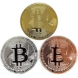 Bitcoin Coins, Set of 3 - Gold, Silver, and Bronze Physical Blockchain Cryptocurrency in Protective Collectable Gift Case, Crafted with Fine Detail and Mirrored Finish