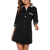 COLORFULLEAF Women's 100% Cotton Nightgowns 3/4 Sleeve V-Neck Sleep Shirt Soft Button Down Pajama Dress