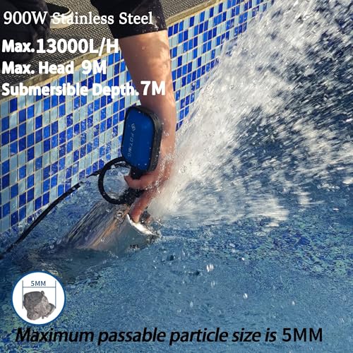 FOTING 900W Stainless Steel Submersible Water Pump with Float Switch, 13000 L/H Electric Sump Pump for Dirty/Clean Water, Portable Water Pump Drainage Pump for Garden Pond, Pools, Hot Tub, Ditches