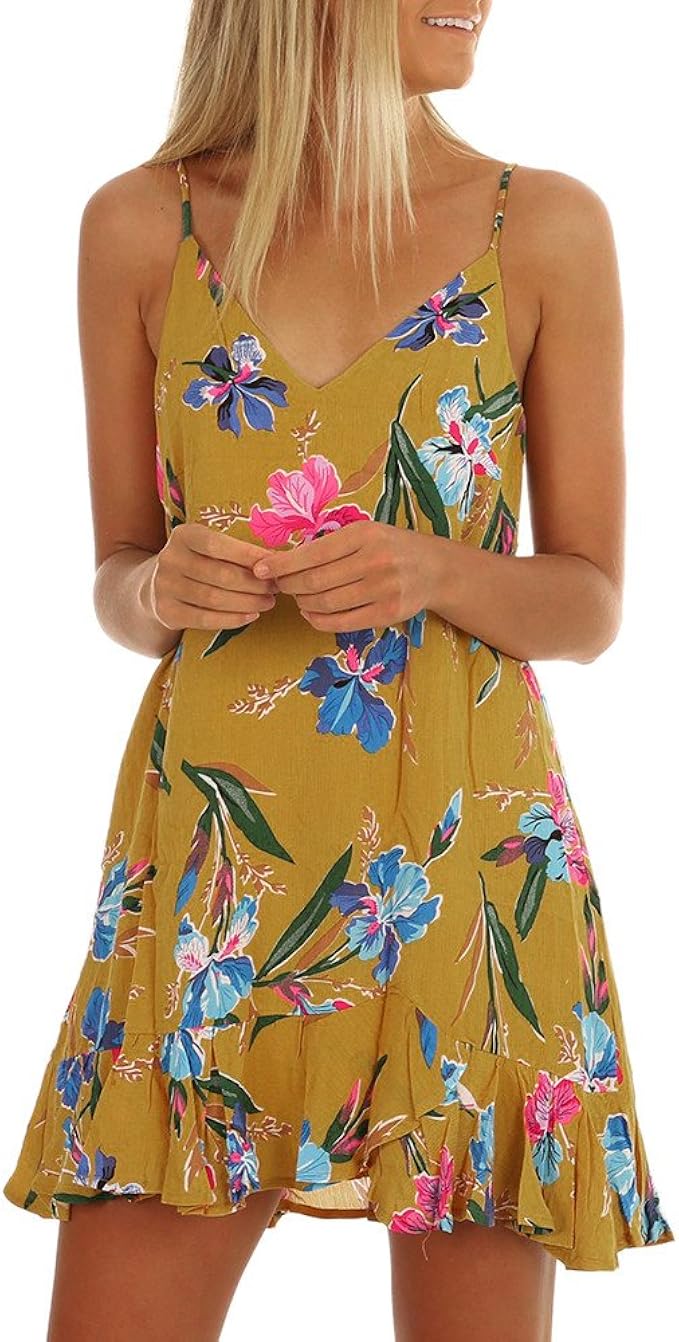 Women Dresses, Casual Summer Strappy Floral Dress Ladies Girls Holiday Ruffles Mini Dress Loose