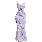 Verdusa Women's Y2k Floral Ruffle Split Thigh Long Cami Dress Bodycon Sleeveless Dress