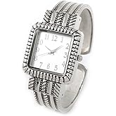 Silver Metal Western Style Decorated Square Face Women's Bangle Cuff Watch