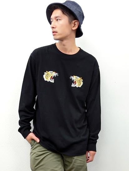 Amazon Tシャツ メンズ トラ刺繍スカtシャツ 2色 長そで 長袖 トラ柄 虎 和柄 とら トラ タイガー カットソー スカジャン メンズ レディース ペアルック ユニセックス 秋服 秋物 カットソー スカ スカジャンtシャツ 刺繍 ストリート スーベニアー 16年秋冬 T