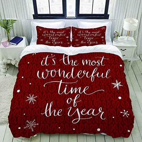 LIASDIVA Bedding Duvet Cover Set, Christmas Concept Its The Most Wonderful Time of The Year Phrase and Snowflakes, Microfibre Duvet Cover Set 260 x 230cm with 2 Pillowcase 51 X 91cm