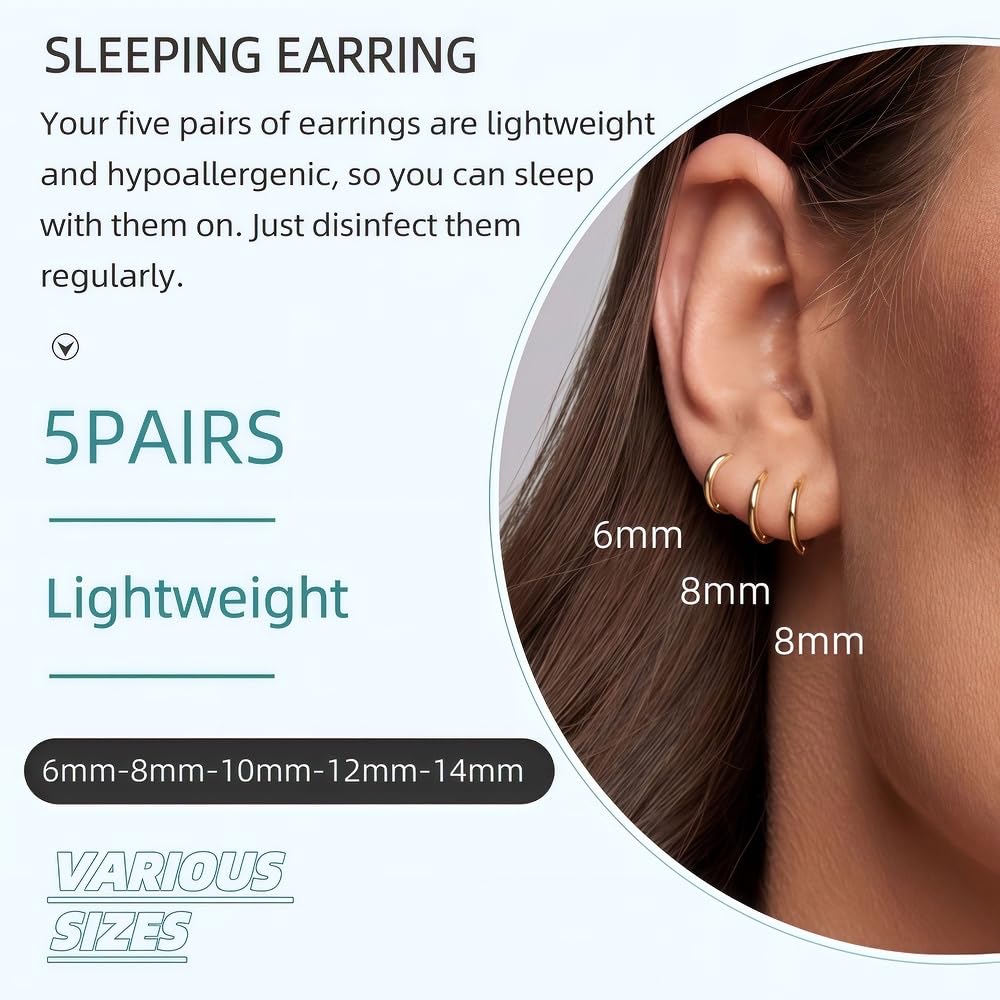 FriBasics 5 Pairs 14K Gold Plated Huggie Hoop Earrings for Women - Lightweight Minimalist Small Hoops, Hypoallergenic Nickel-free Lead-free, Non-Tarnish Everyday Jewelry for Sensitive Ears, Multiple Piercing Stack Set