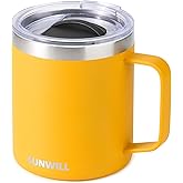SUNWILL Insulated Coffee Mug with Lid, Travel Tumbler with Handle, 14 oz Stainless Steel Cup for Camping, Office, Home, Powder Coated Yellow