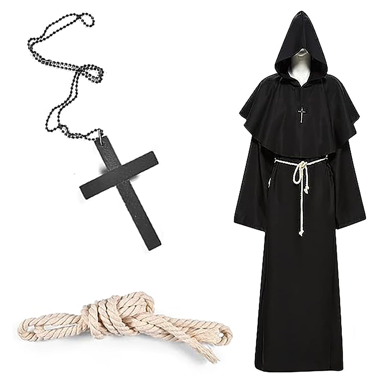 Lemotoy Black Robe Halloween Costumes,Black Cape,Renaissance Priest Robe,Monk Costumes,Friar Cowl Robe Fancy Dress Cosplay for Halloween, Carnival (S)