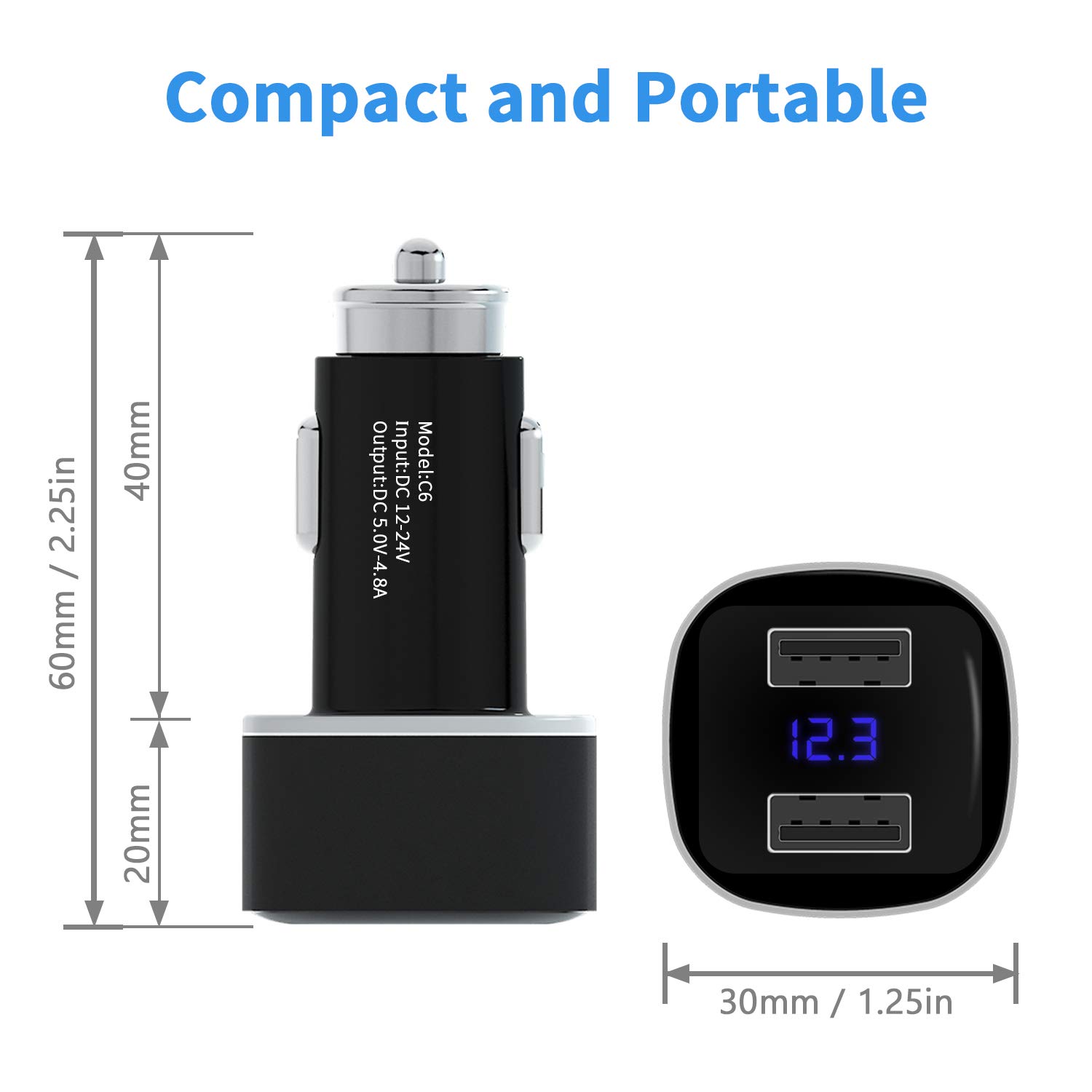 Fast Car Charge,AXBIDY 24W Dual Smart USB Car Charge Adapter with LED Display Car Voltage Detector for Smart Phone and Galaxy S9, S8, S7, S6, Edge, Note8(Black)