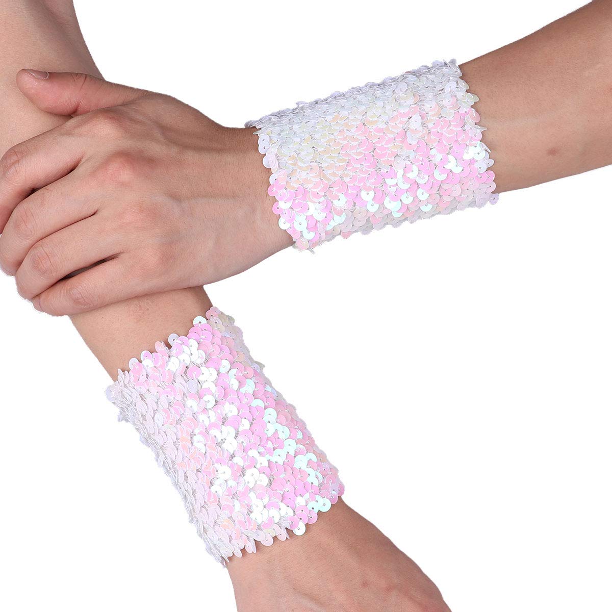 YOOJIA Women Shiny Sequin Stretchy Oversleeves Sparkle Performance Cosplay Costume Cuffs Party Club Wear White One Size