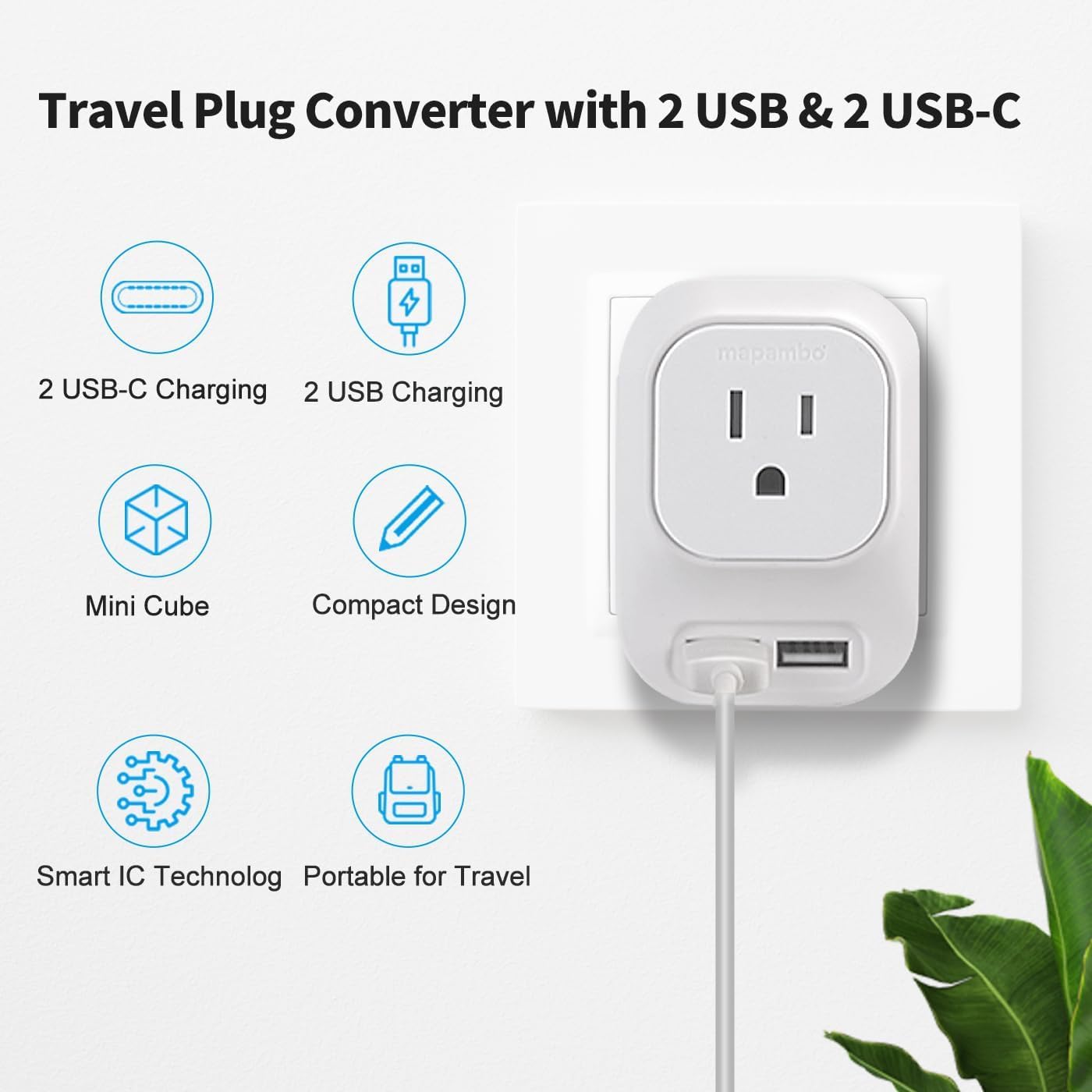 220V to 110V Voltage Converter with 2 USB Port 2 USB C International Power Adapter European Universal Travel Plug Adapter for US to Most of Europe, France, Germany, Italy Spain Etc (Grey)