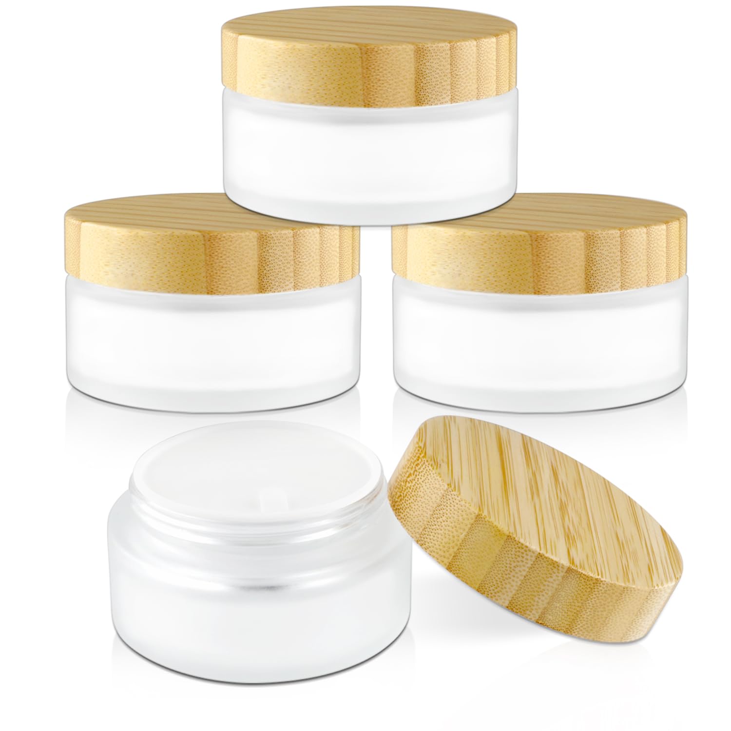 Photo 1 of 4 Pcs 100g/3.4oz Cosmetic Containers Frosted Glass Jar Empty Sample Jars with Bamboo Lids for Cream Lotion Lip Balm Makeup