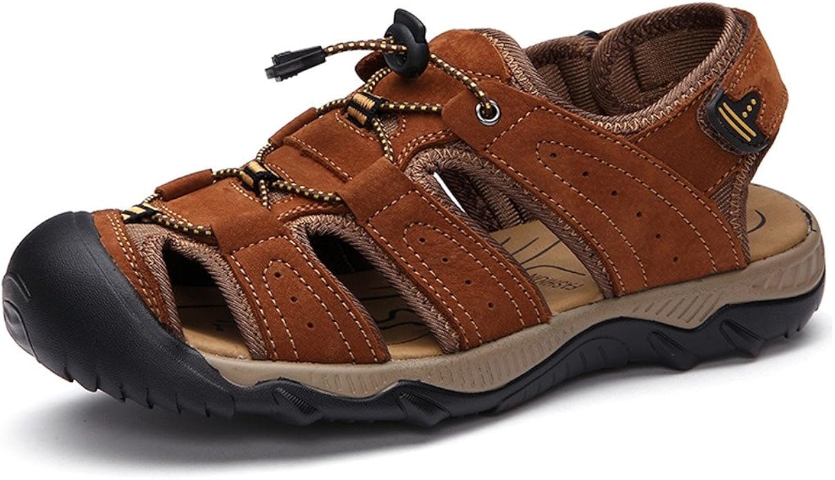 Amazon.com | iLory Men's Leather Outdoor Hiking Sandals Trekking and Walking Shoes Closed-Toe 