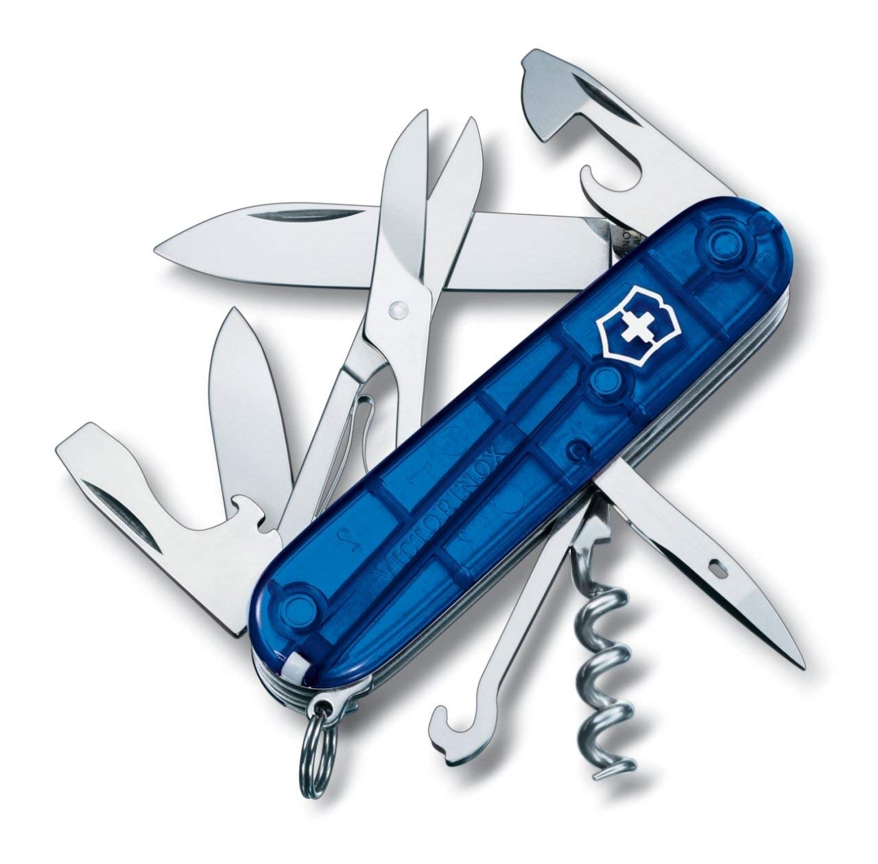 Victorinox Climber Swiss Army Pocket Knife, Medium, Multi Tool, 14 Functions, Blade, Bottle Opener, Blue Transparent