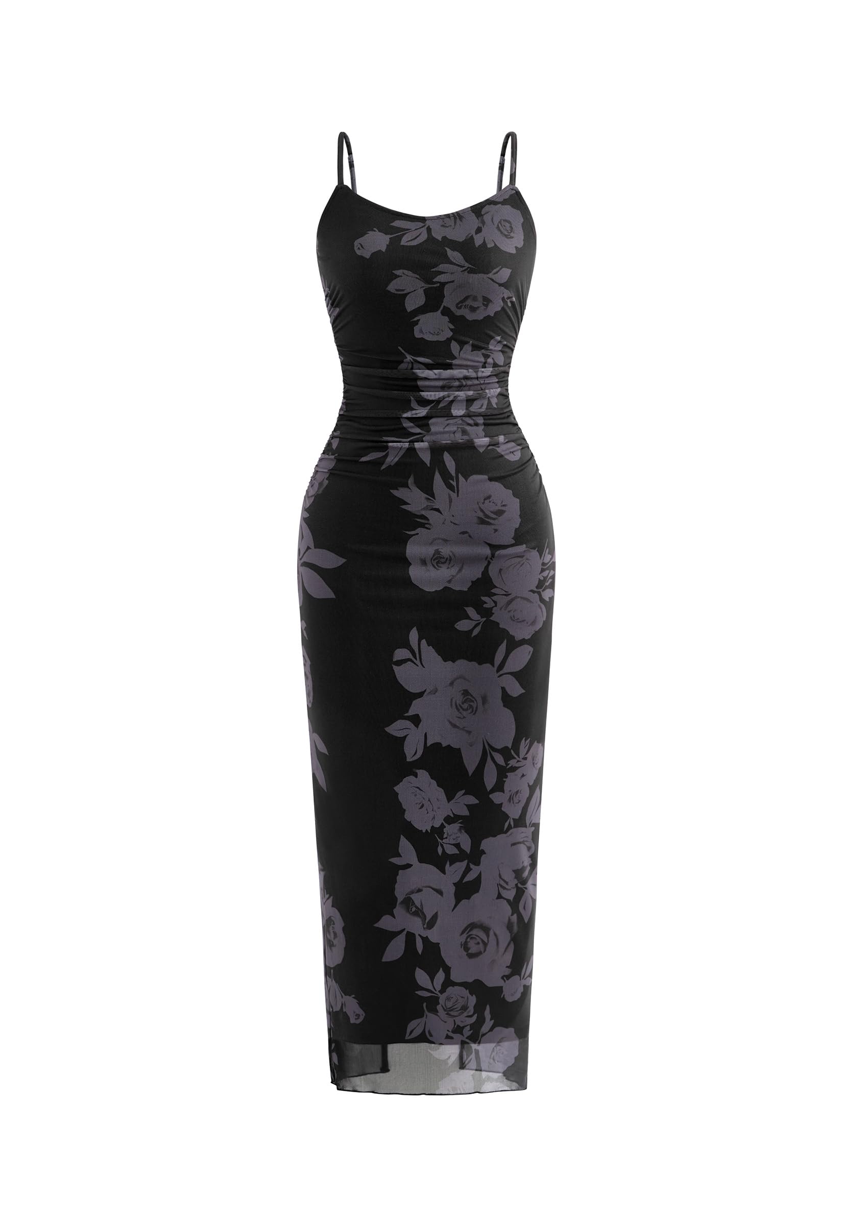 Photo 1 of PRETTYGARDEN Wedding Guest Dresses for Women 2025 Summer Spaghetti Strap Mesh Floral Bodycon Beach Maxi Long Dresses (Floral Black,Large)