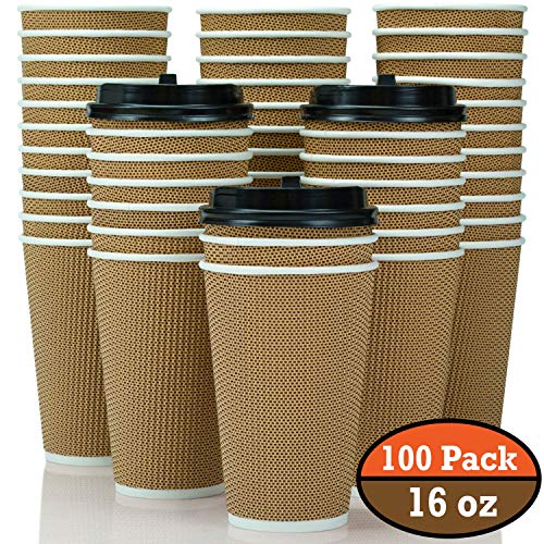 100-Pack 16 oz Disposable Coffee Cups with Lids - Fully Insulated Double Walled Paper Coffee Cups with Lids - to Go Coffee Cups Leak Proof - Microwaveable Hot Cups with Lids - to Go Cups FDA Approved