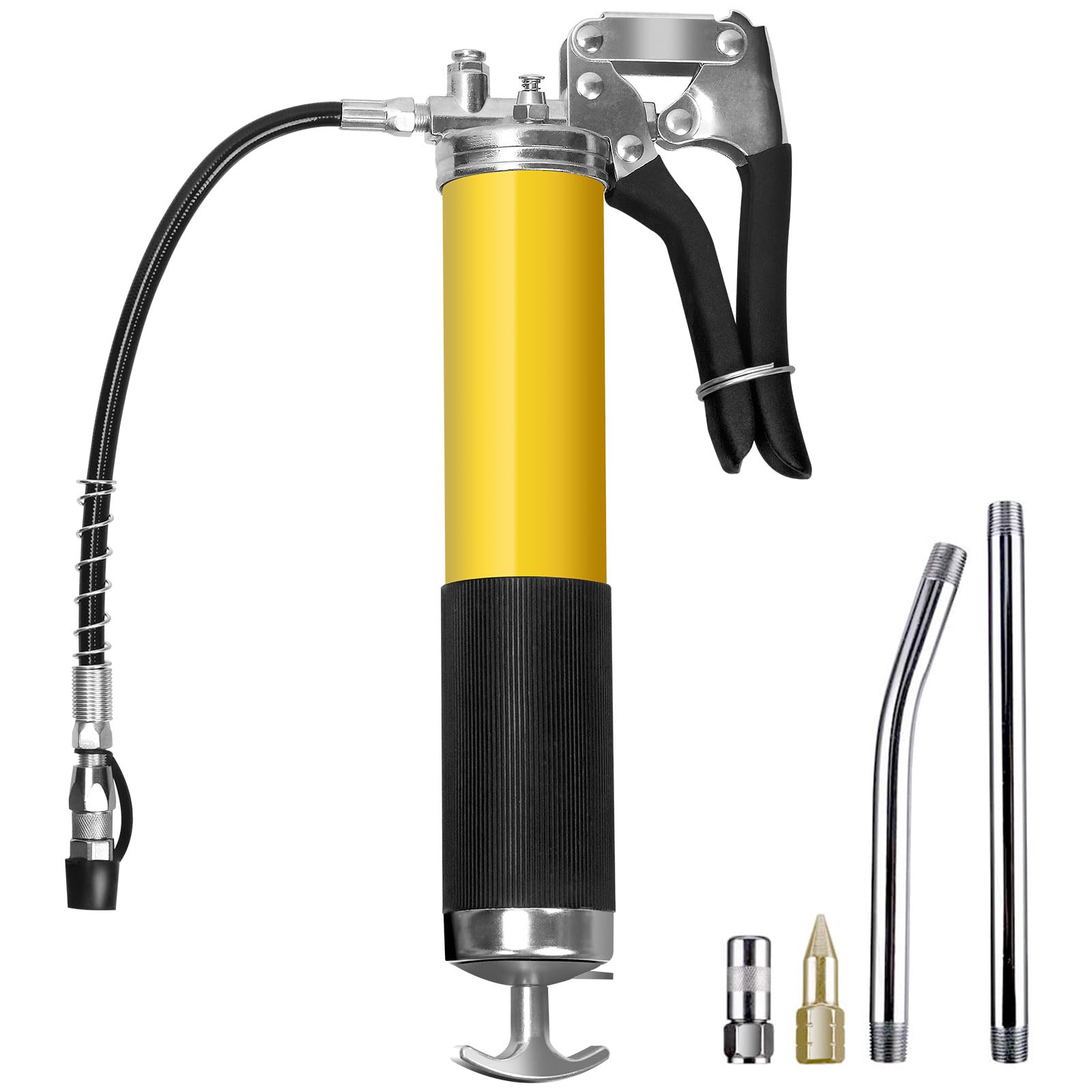 Keadic 7pcs 8000 PSI Grease Gun Kit, Heavy Duty Pistol Grip Grease Gun with 8 Inch Spring Flex Hose, 2 Working Coupler, 2 Extension Rigid Pipe and 1 Sharp Type Nozzle Fits Most Vehicle