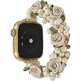 REALSIGN Stretchy Pearl Beaded Floral Band Compatible with Apple Watch 42/44/45/46/49mm 38/40/41mm Women,Elastic Wedding Rose Flower Wristband for iWatch Series 11 10 9 8 7 6 5 4 SE/Ultra 3 2 1