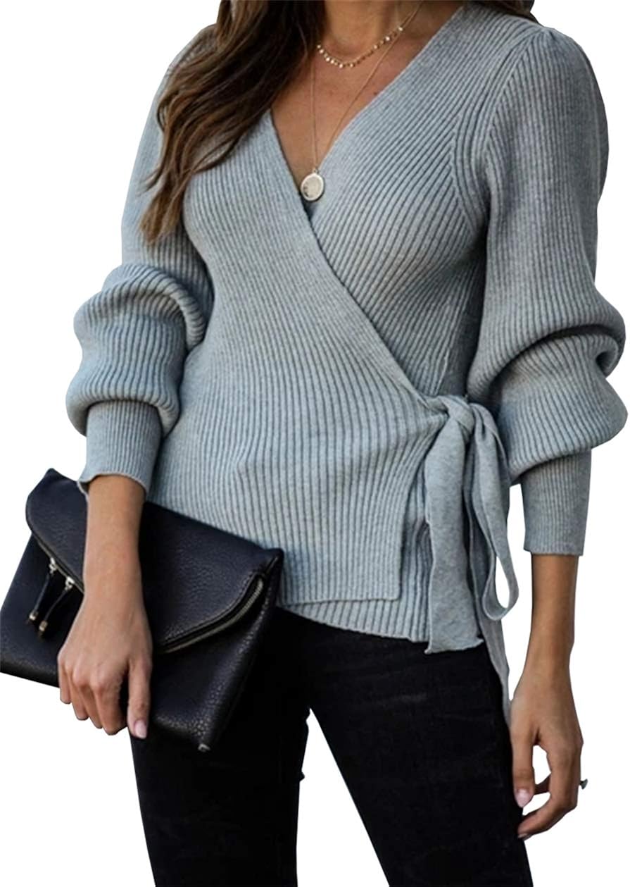 KIRUNDO Women’s 2021 Autumn Winter Wrap V Neck Sweater Top Balloon Sleeves Ribbed Knitted Pullover Tie Front Tunic Top Jumper: Clothing