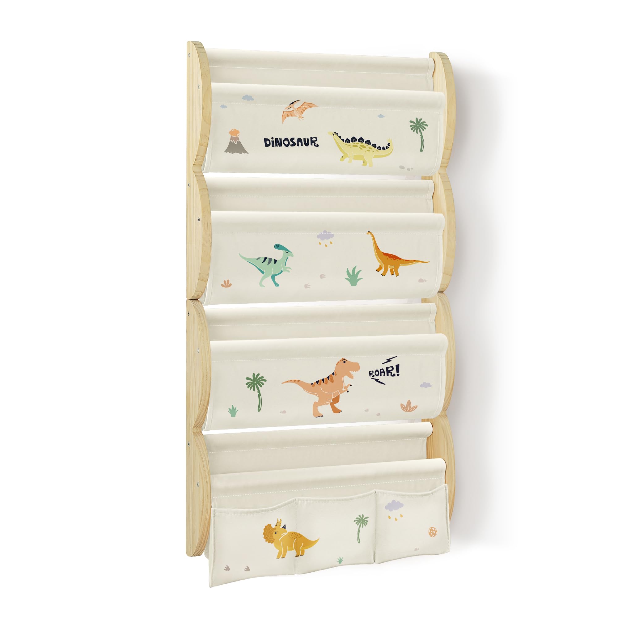 Photo 1 of wooshwa Wooden Wall Mounted Bookshelf for Kids Rooms, 4 Tier Floating Nursery Book Shelf, Kids Bookshelf with 2 Pockets, Toddler Sling Book Rack with Deep Sleeves (Dinosaur)