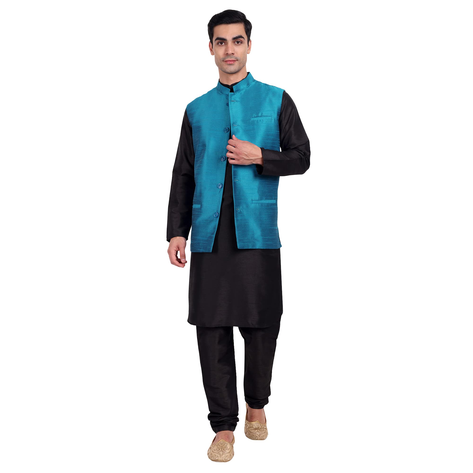 Photo 1 of (MEDIUM) 
SKAVIJ Men's Indian Dupion Silk Kurta Pajama And Nehru Jacket (Waistcoat) Set for Wedding (Medium, Turquoise) M