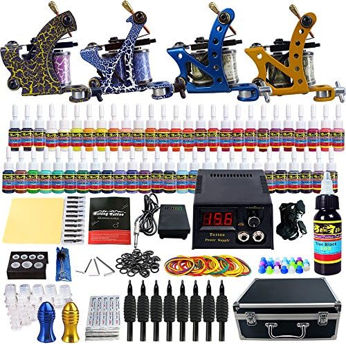 Complete Tattoo Kit 4 Pro Machine Guns 54 Iinks Power Supply Foot Pedal Needles Grips Carry Case