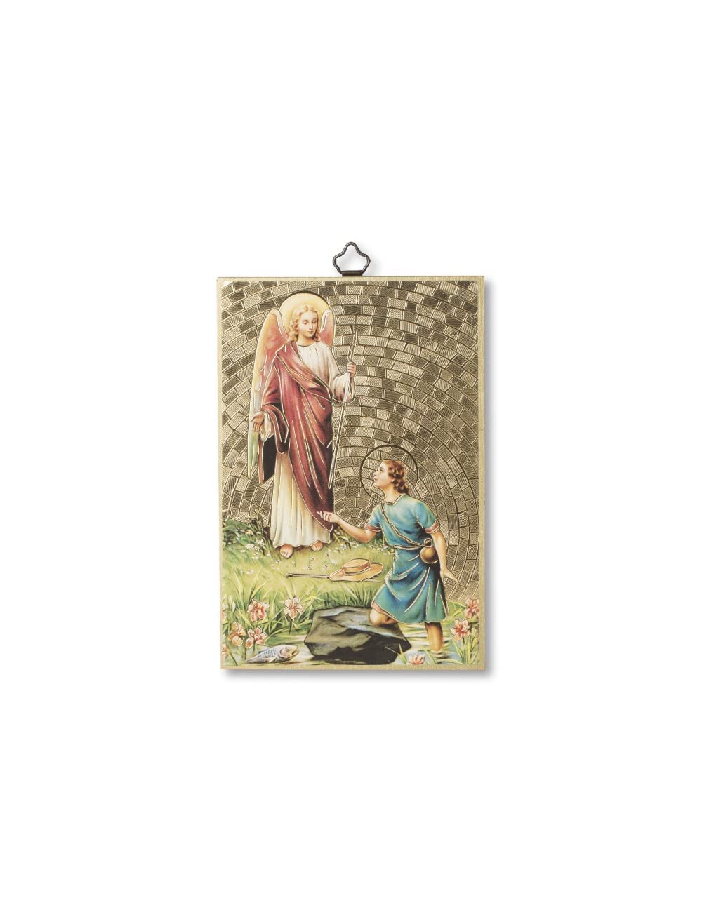 BONELLA BROTHERS Bonella Brothers | Sacred painting on 8mm poplar MDF wood with golden foil mosaic of the Archangel Raphael with Prayer on the back 10 x 15 cm | Made in Italy
