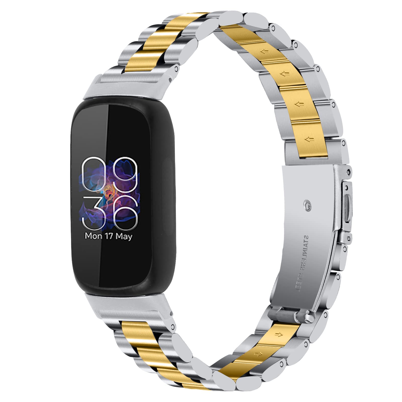 Gimuk Straps Compatible with Fitbit Inspire 3 Strap, Metal Stainless Steel Adjustable Sport Replacement Business Wristband Strap Compatible with Fitbit Inspire 3 Women Men Small Large (Silver+Gold)