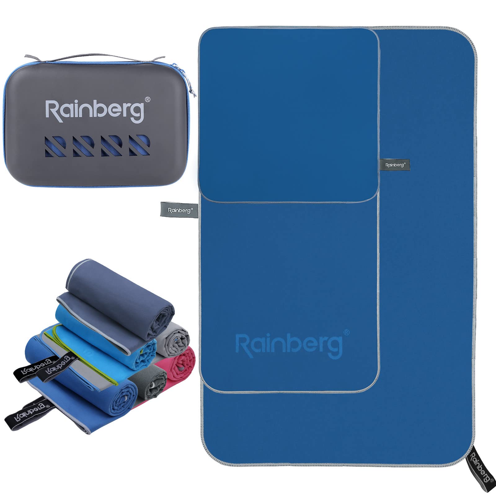 Rainberg 3PK Microfibre Towel, Sports, Travel, Swimming and Beach Towel, Fast Drying, Super Absorbent, Ultra-Compact, Great for Camping, Gym, Beach and Swimming (Dark Blue)