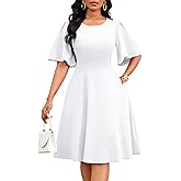 Nmoder Womens Wedding Guest Dress|A-Line Ruffle Flared Sleeve Summer Midi Dresses for Party Church Crewneck with Pockets