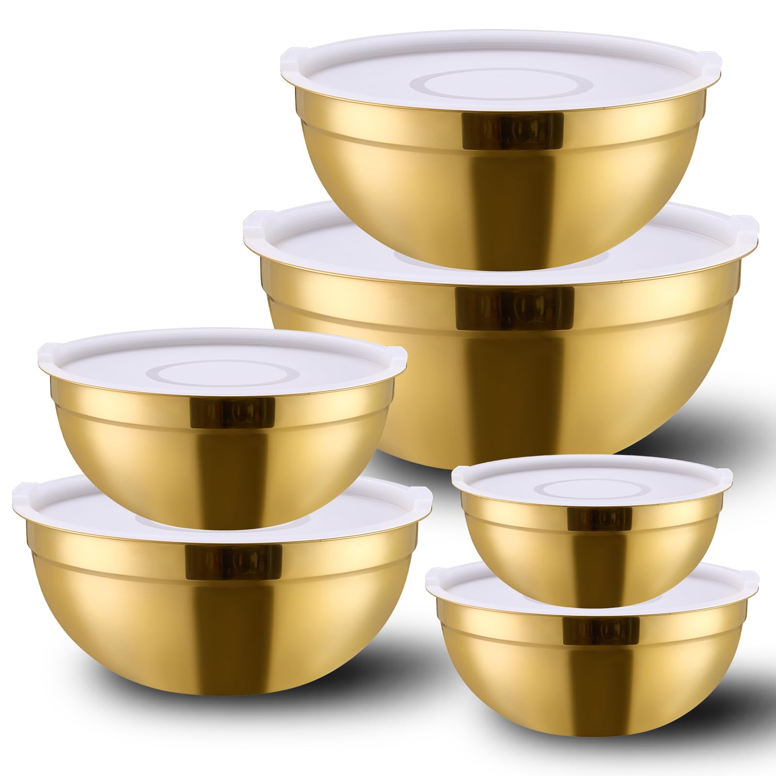 Photo 1 of DINYWOW 6 Piece Gold Mixing Bowls Set With Lids for Kitchen - Stainless Steel Ideal for Baking, Prepping, Cooking and Serving Food - Nesting Metal Bowls for Space Saving Storage