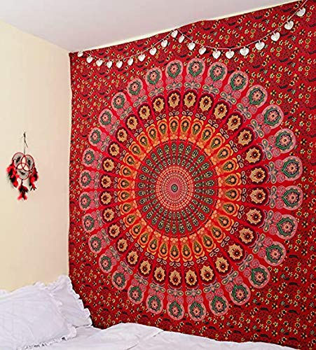 Marubhumi Indian Mandala Tapestry Hippie Hippy Wall Hanging, Bohemian Queen Wall Hanging Tapestries, Beach Tapestry, Red Mirchi, Queen Size, 85 X 90 Inch