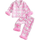 fyclemt Kids Toddler Girls Valentines Satin Pajamas Set Heart Bow Long Sleeve Button Down Shirts Pants Pjs Sleepwear Lounge