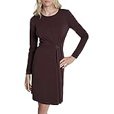 DKNY Women's Long Sleeve Jewel Neck Knee Length Logo D Hardware Midi Dress