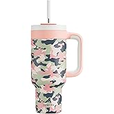 40 oz Camo Tumbler with Handle, 2-in-1 Straw and Sip Lid, Leakproof, Dishwasher Safe, Insulated Stainless Steel Travel Coffee Mug, Keeps Cold for 34 Hours, Fits in Car Cup Holder (Rose Dappled)