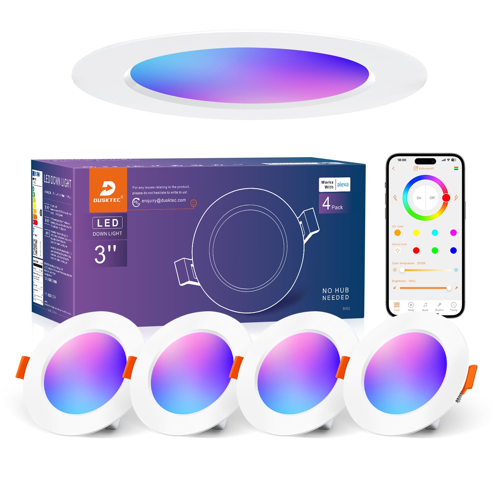 DUSKTEC Recessed LED Downlights Alexa, RGB Colour Spotlights Ceiling 2700K-6000K, 7W Warm White to Cool White Dimmable Ceiling Recessed Lights,Smart LED Spot Lights with APP & Voice Control