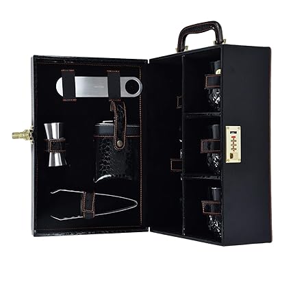 Telconi Croc Print Black Premium Bar Set with Whiskey Glasses | Portable Leatherette Bar Set | Bar Set for Picnic | Bar Set for Travel | Bar Set for car |